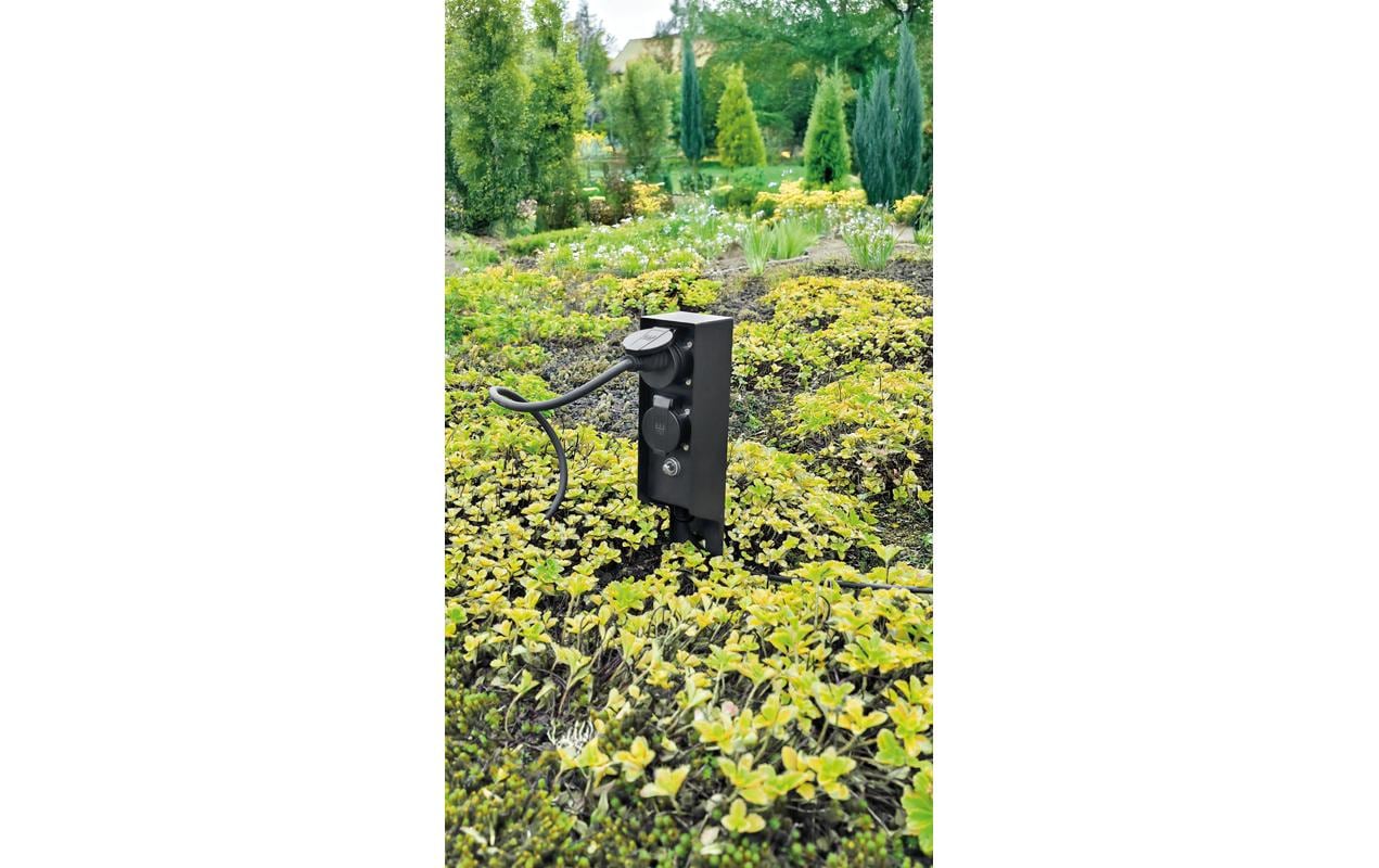 Steffen GardenLine Gartenstromverteiler, 2×T13, IP44, 5 m, Erdspiess, Überstromschutz – Schwarz