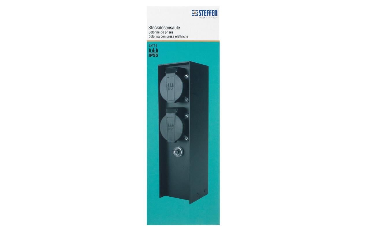 Steffen GardenLine Gartenstromverteiler, 2×T13, IP44, Überstromschutz, Bodenmontage – Schwarz