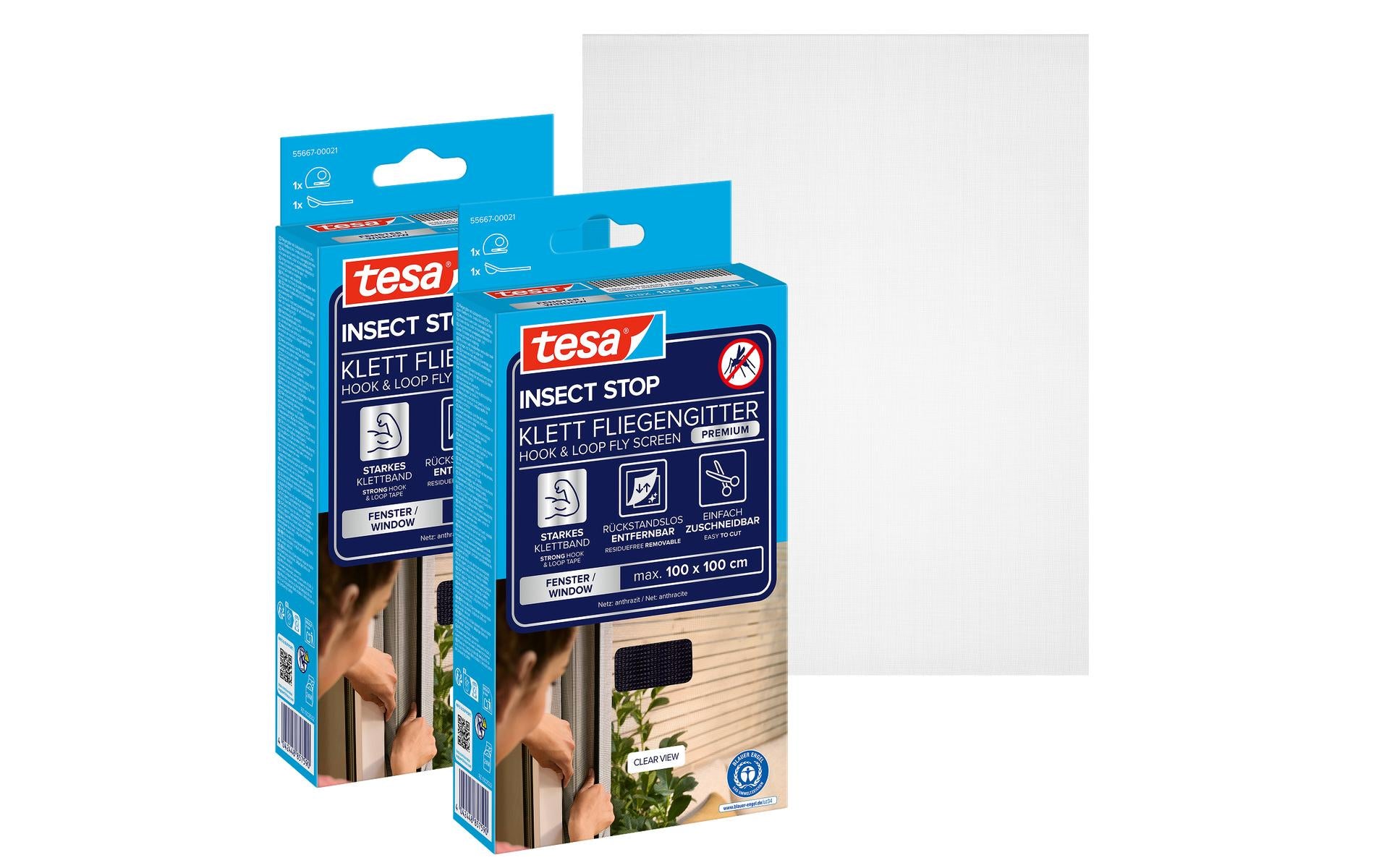 TESA COMFORT Fenster-Fliegengitter – 100 × 100 cm – anthrazit – für Fluginsekten – 2 Stk.