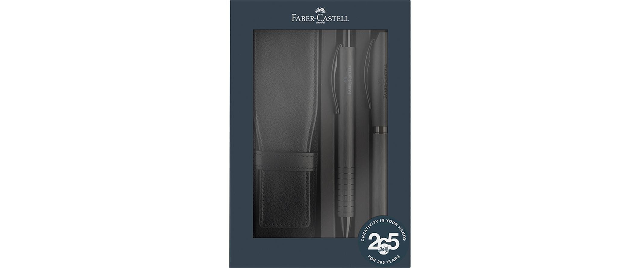 Faber-Castell Essentio Alu Schreibset – Kugelschreiber, Schwarz, Spitze 0,7 mm, Aluminium, Leder