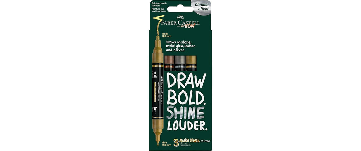 Faber-Castell Permanentmarker Metallic – Doppeltspitze – Chrom, Gold, Kupfer – 3er-Set