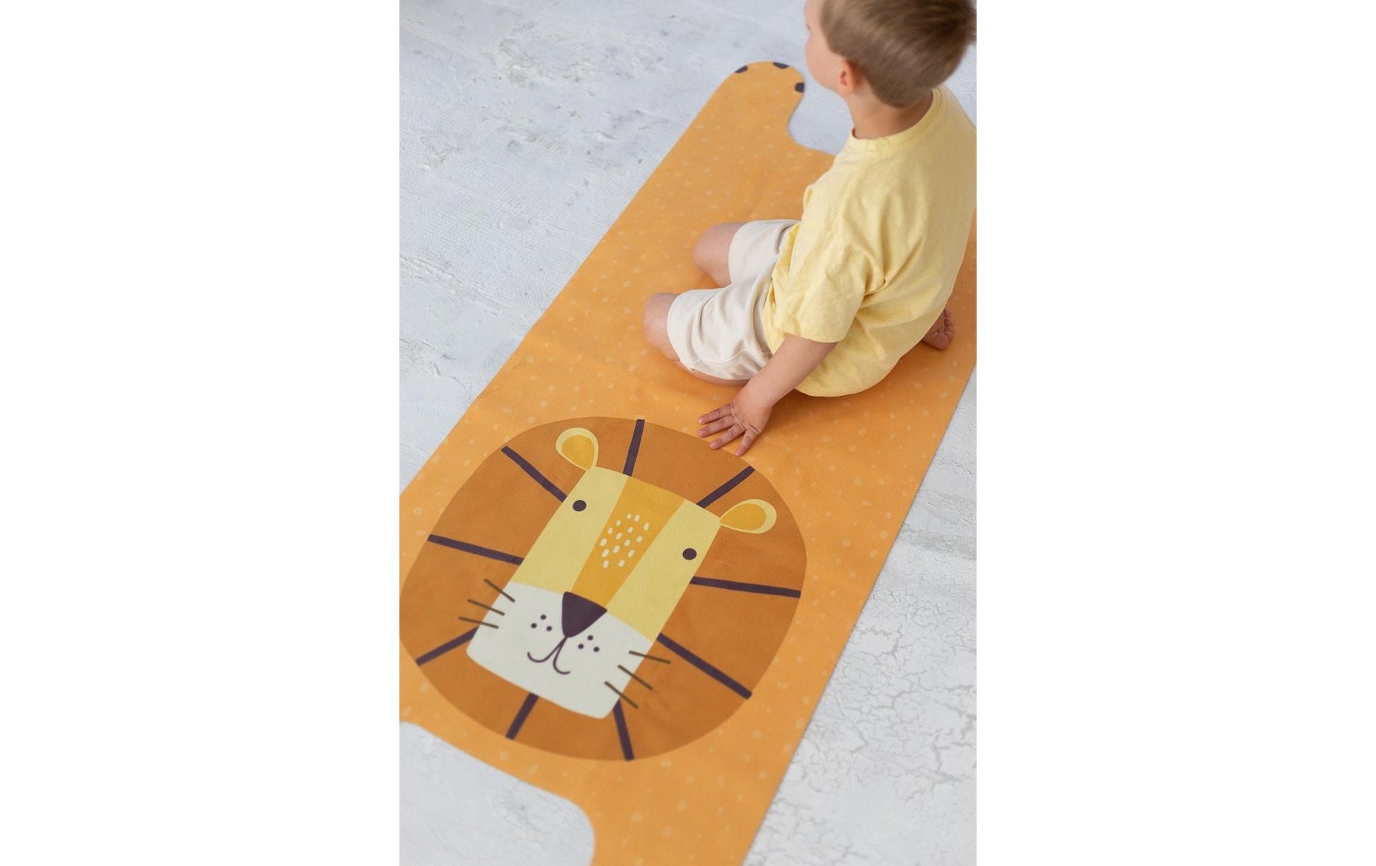 Yogitier Kinder-Yogamatte – 600 × 1550 mm, 1'000 g, Naturkautschuk – Leo der Löwe – Gelb