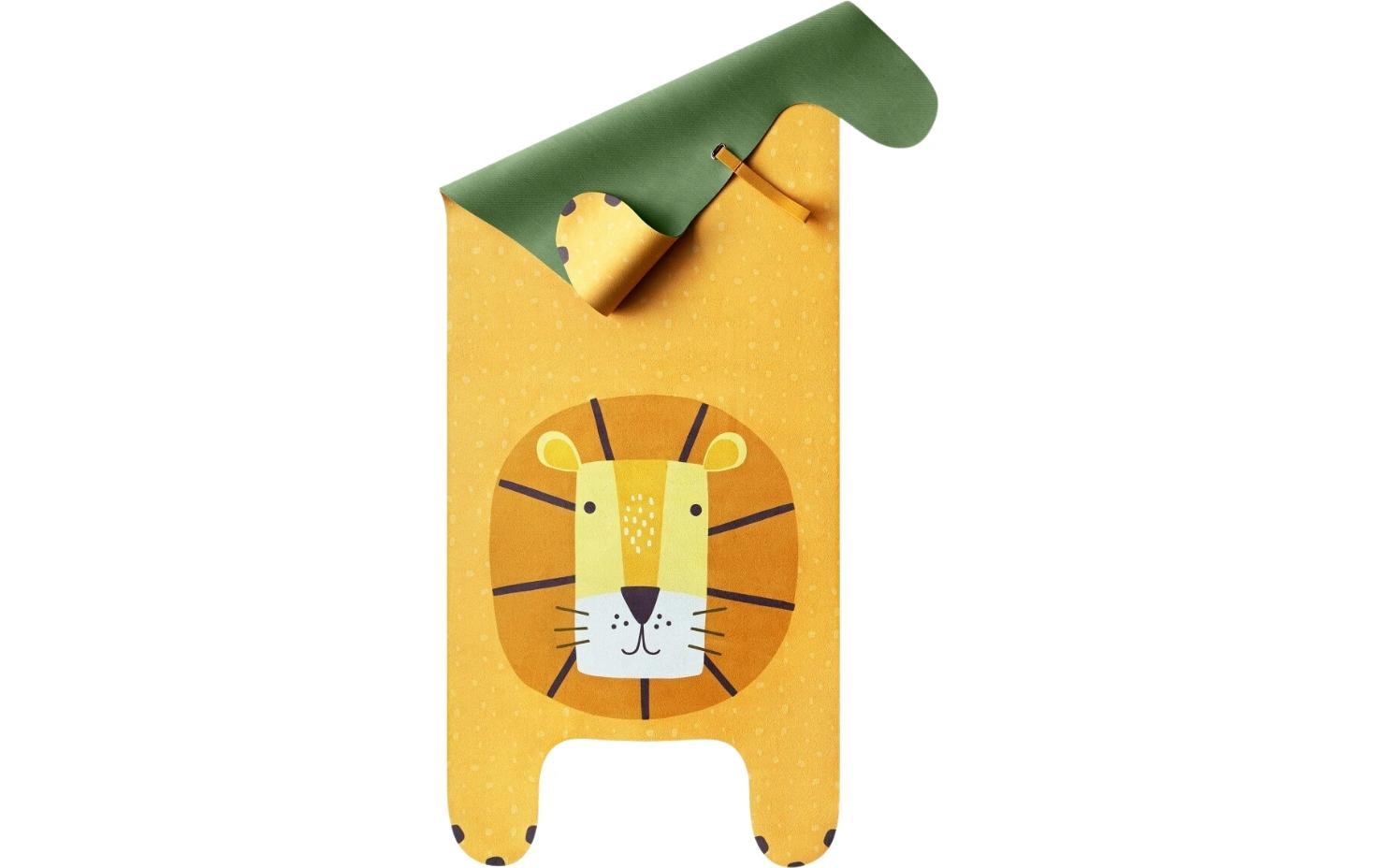 Yogitier Kinder-Yogamatte – 600 × 1550 mm, 1'000 g, Naturkautschuk – Leo der Löwe – Gelb