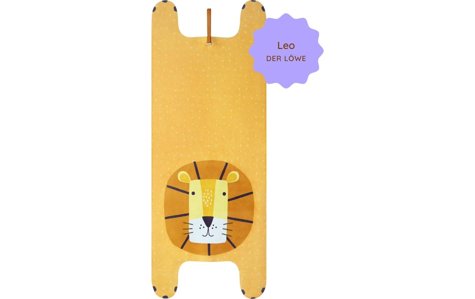 Yogitier Kinder-Yogamatte – 600 × 1550 mm, 1'000 g, Naturkautschuk – Leo der Löwe – Gelb