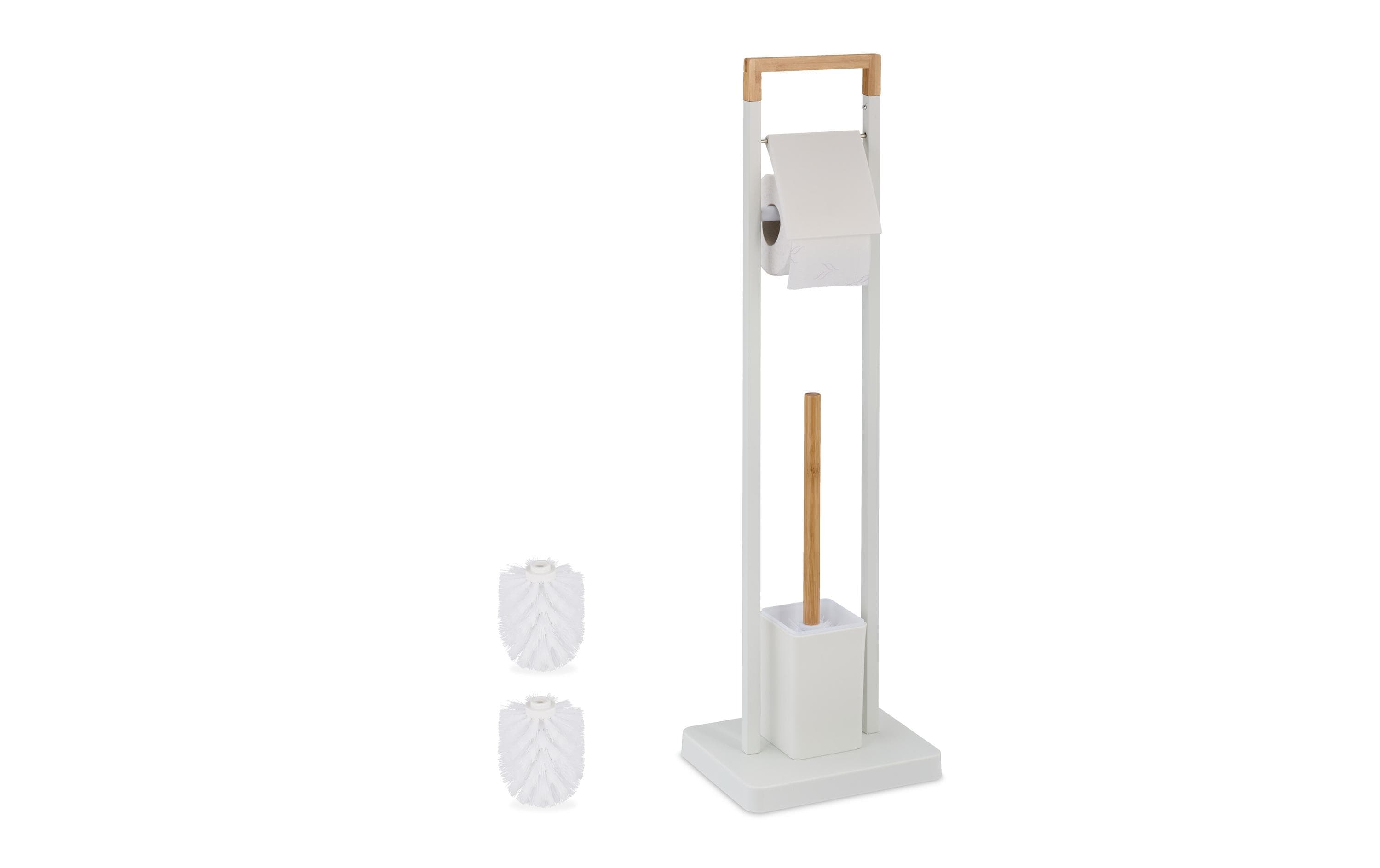 Relaxdays WC-Bürstenset – Edelstahl, Bambus, Kunststoff, Weiss, Braun, 23 × 18 × 77 cm