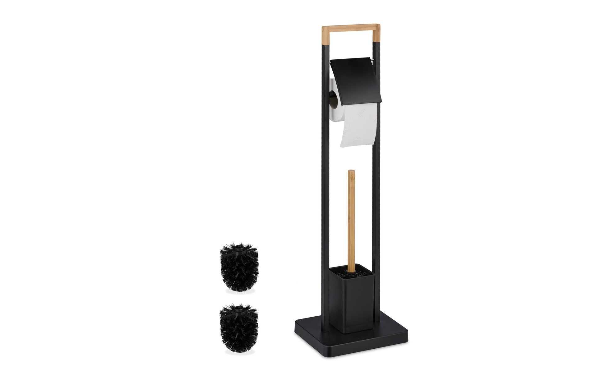 Relaxdays WC-Bürstenset – Bambus, Edelstahl, Kunststoff, Hellbraun, Schwarz, H 77 cm