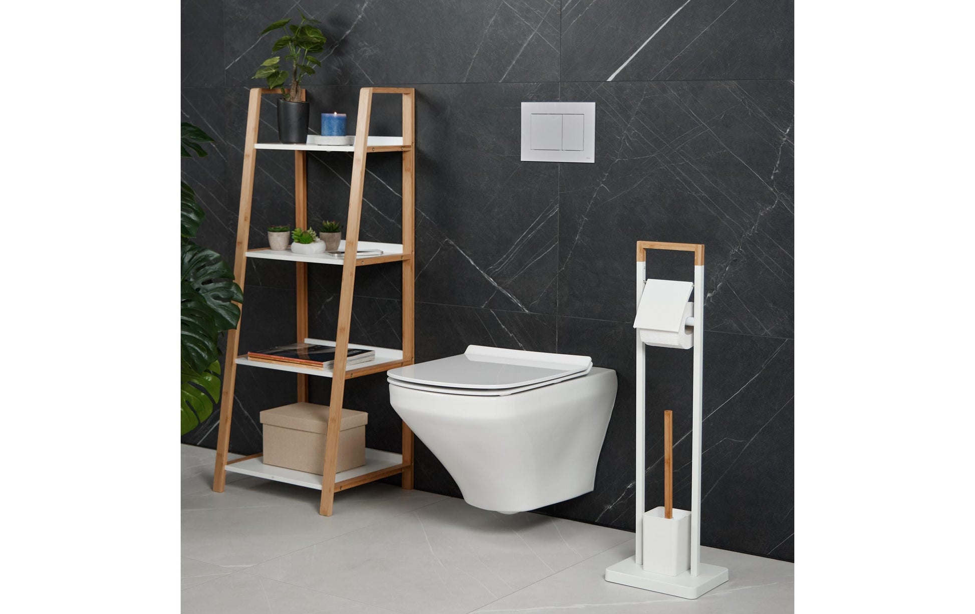 Relaxdays WC-Bürstenset – Edelstahl, Bambus, Kunststoff, Weiss, Braun, 23 × 18 × 77 cm