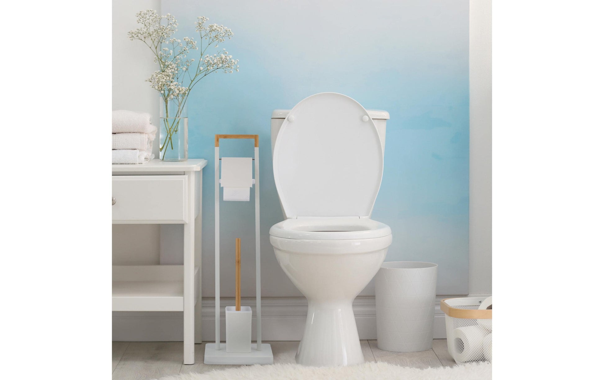 Relaxdays WC-Bürstenset – Edelstahl, Bambus, Kunststoff, Weiss, Braun, 23 × 18 × 77 cm