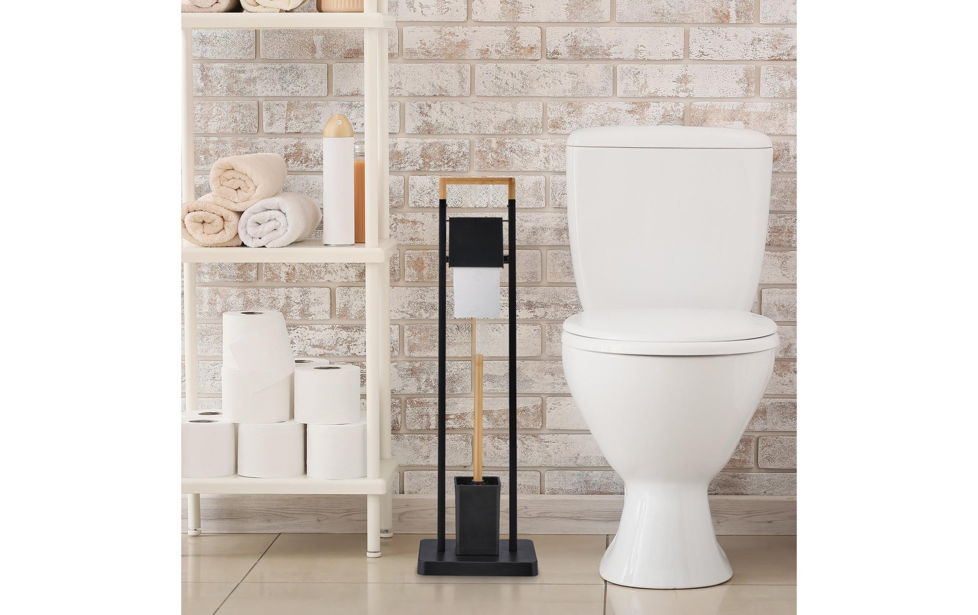 Relaxdays WC-Bürstenset – Bambus, Edelstahl, Kunststoff, Hellbraun, Schwarz, H 77 cm