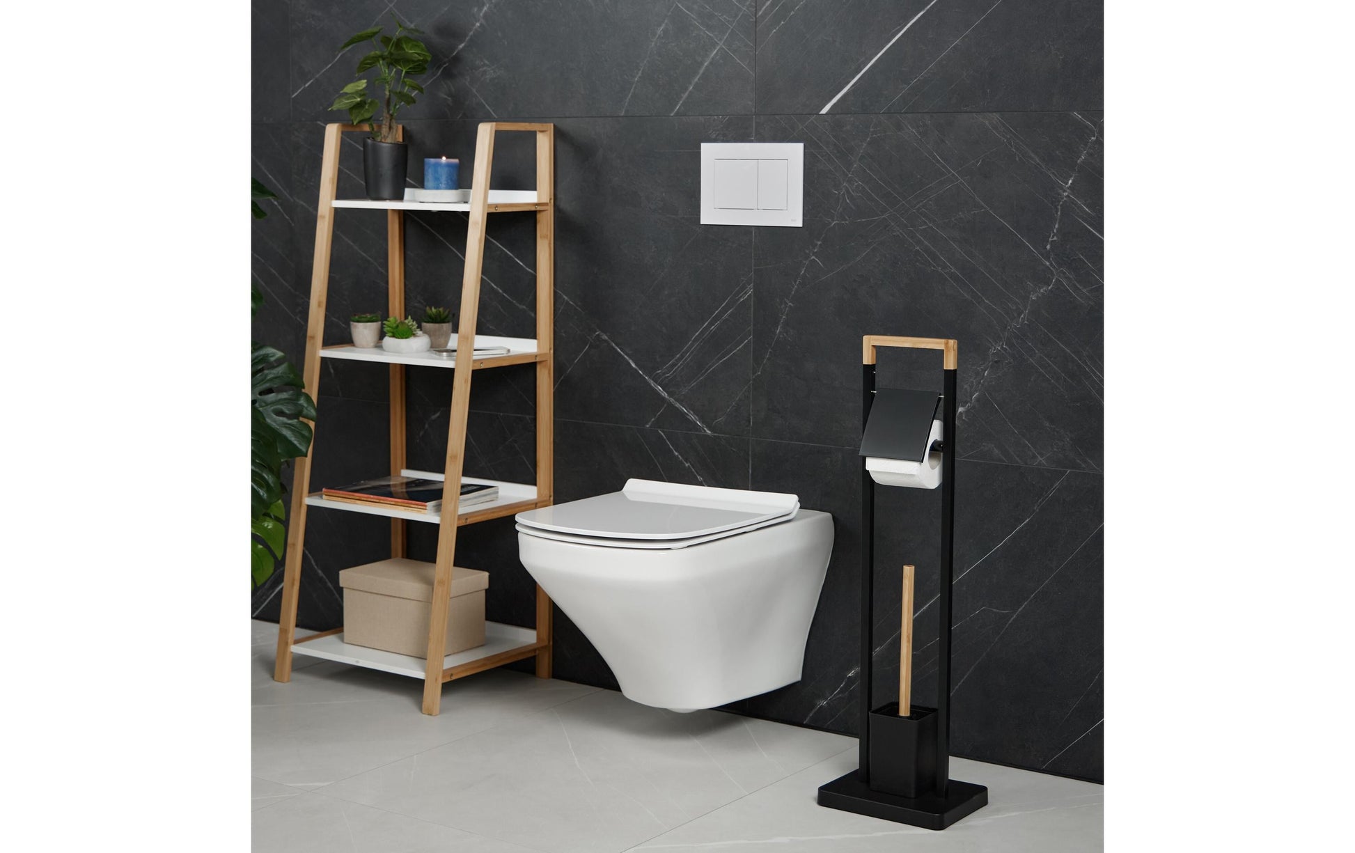 Relaxdays WC-Bürstenset – Bambus, Edelstahl, Kunststoff, Hellbraun, Schwarz, H 77 cm