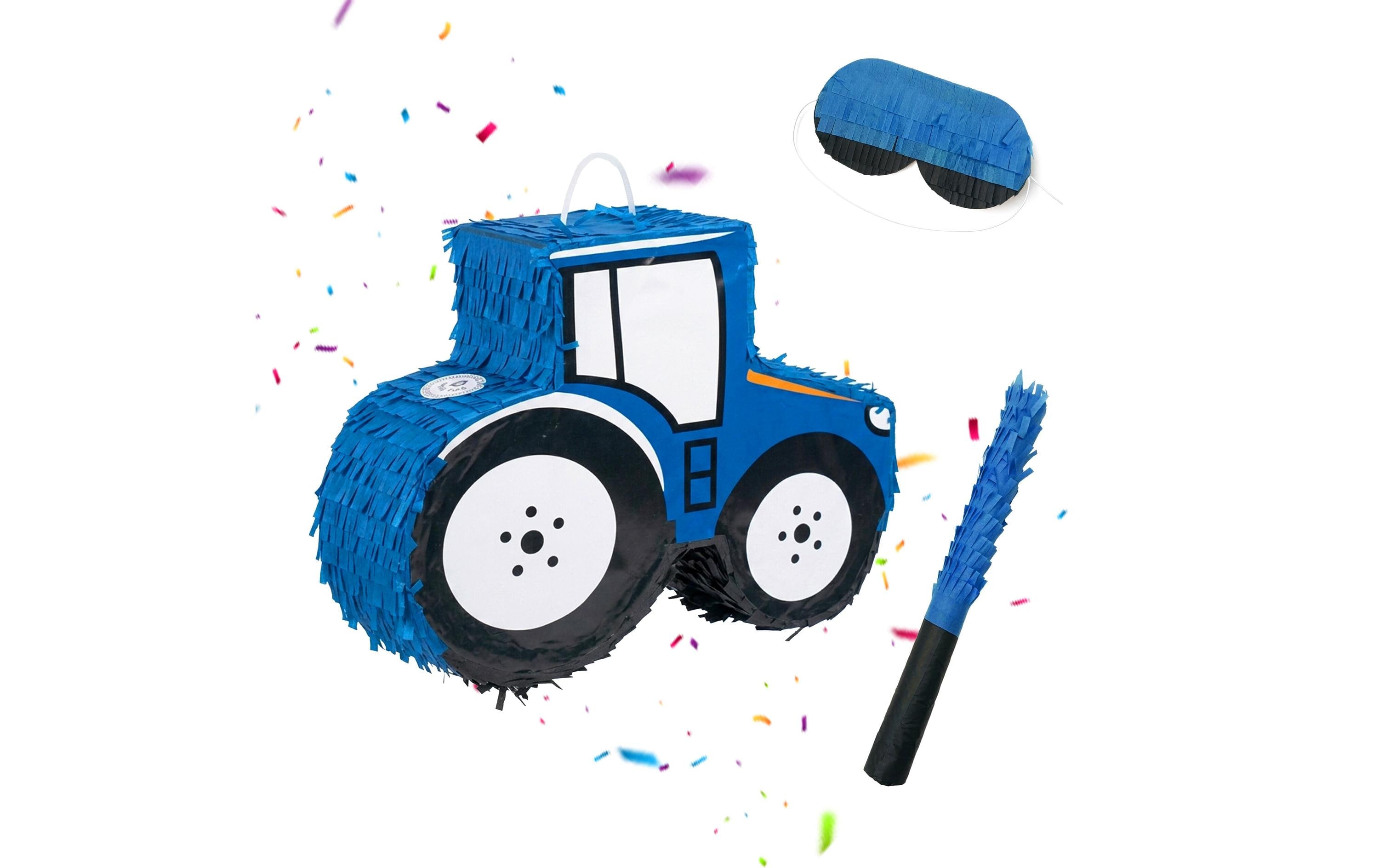 Relaxdays Pinata Traktor – Blau – 40 × 40 × 12 cm – Papier/Pappe/Kunststoff