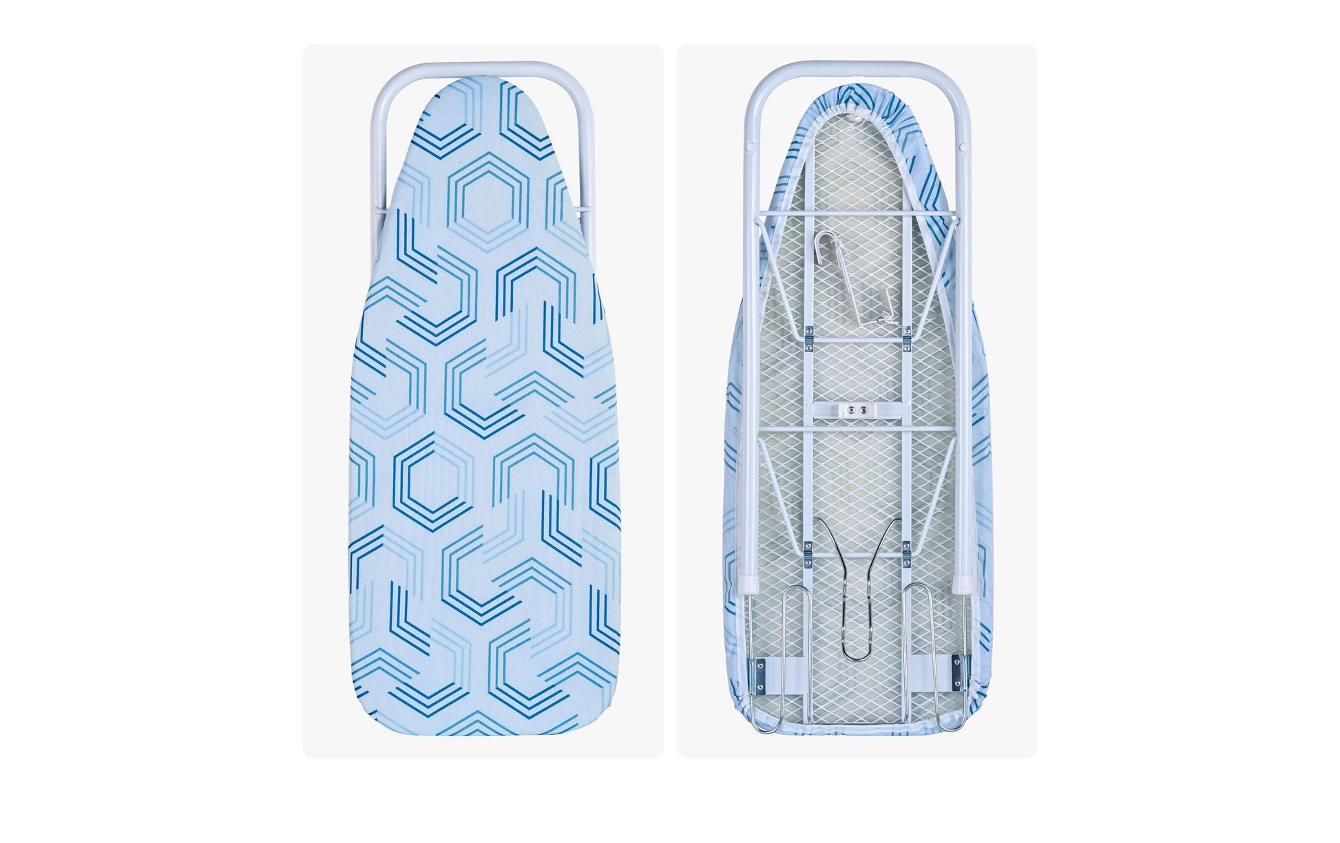 Relaxdays Tischbügelbrett – mit Dampfbügeleisenablage – Baumwolle/Stahl – Blau/Weiss – 930 × 165 × 305 mm