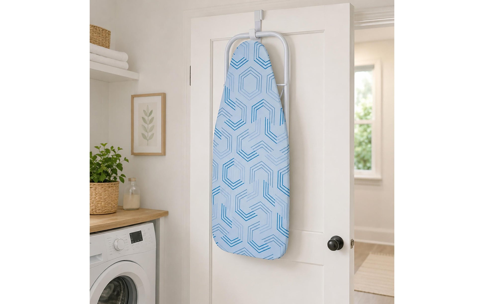 Relaxdays Tischbügelbrett – mit Dampfbügeleisenablage – Baumwolle/Stahl – Blau/Weiss – 930 × 165 × 305 mm