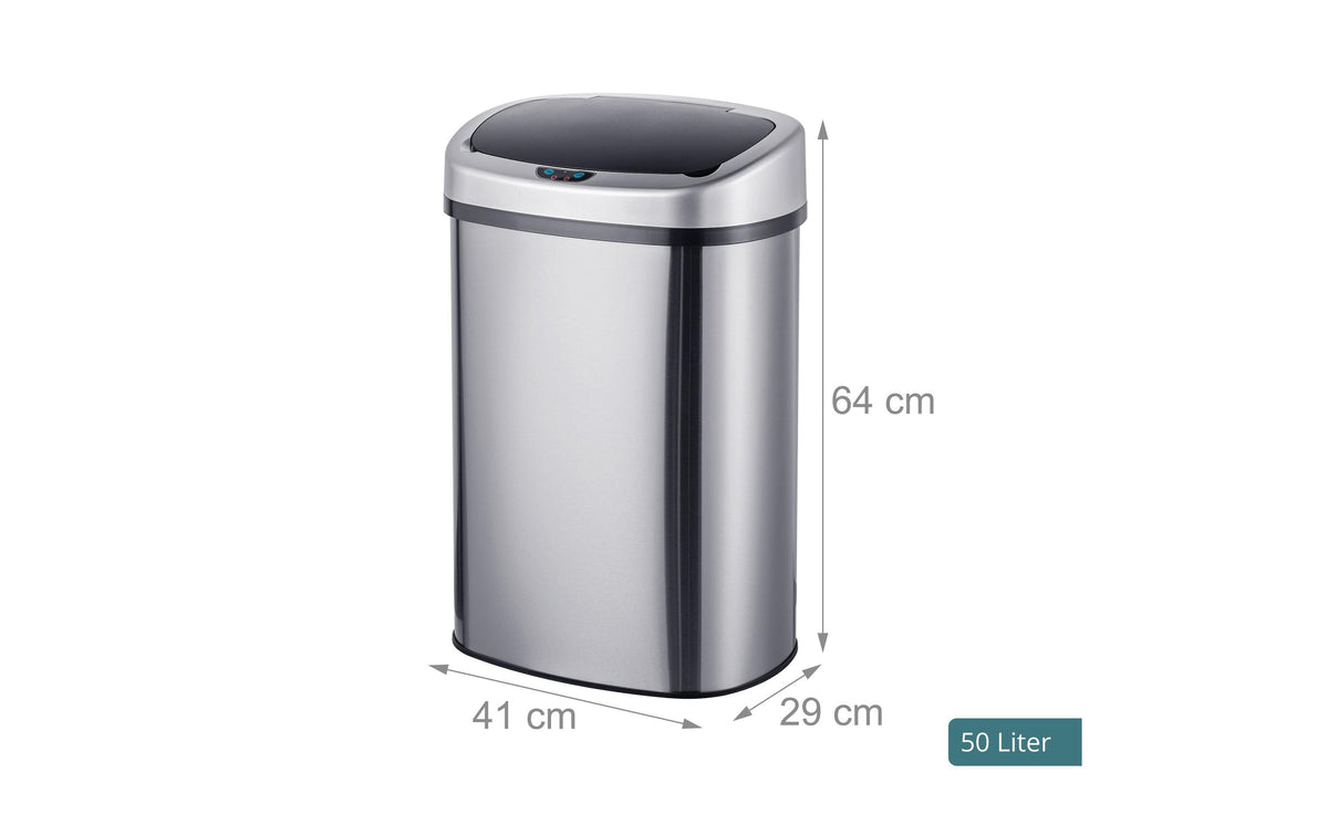 Relaxdays Sensor-Abfalleimer – 50 l – Edelstahl, rechteckig – Schwarz/Silber