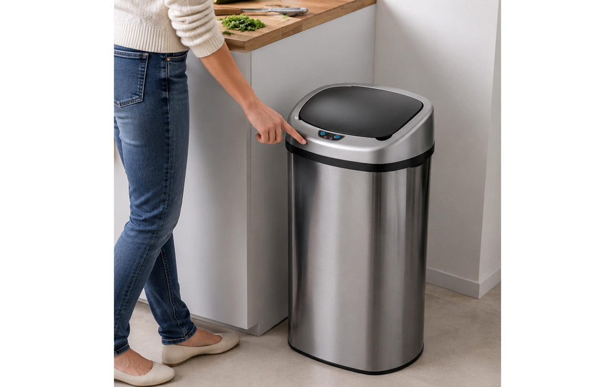 Relaxdays Sensor-Abfalleimer – 50 l – Edelstahl, rechteckig – Schwarz/Silber