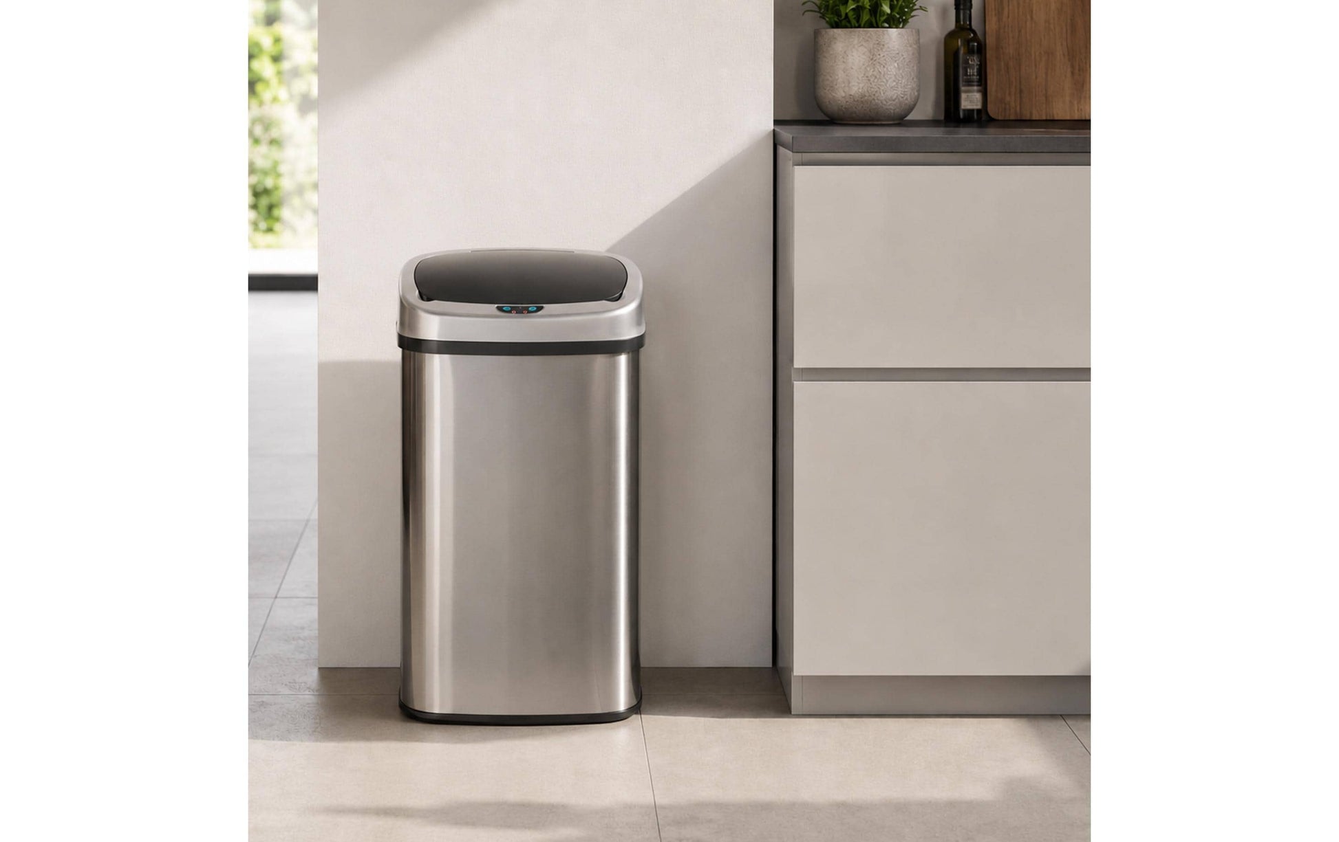 Relaxdays Sensor-Abfalleimer – 50 l – Edelstahl, rechteckig – Schwarz/Silber