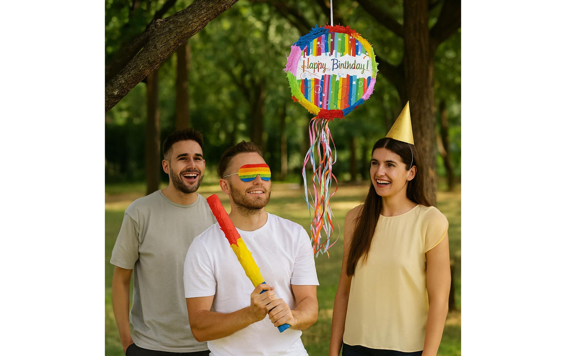 Relaxdays Pinata Happy Birthday – mehrfarbig – 32 × 9 cm – Papier/Pappe/Kunststoff