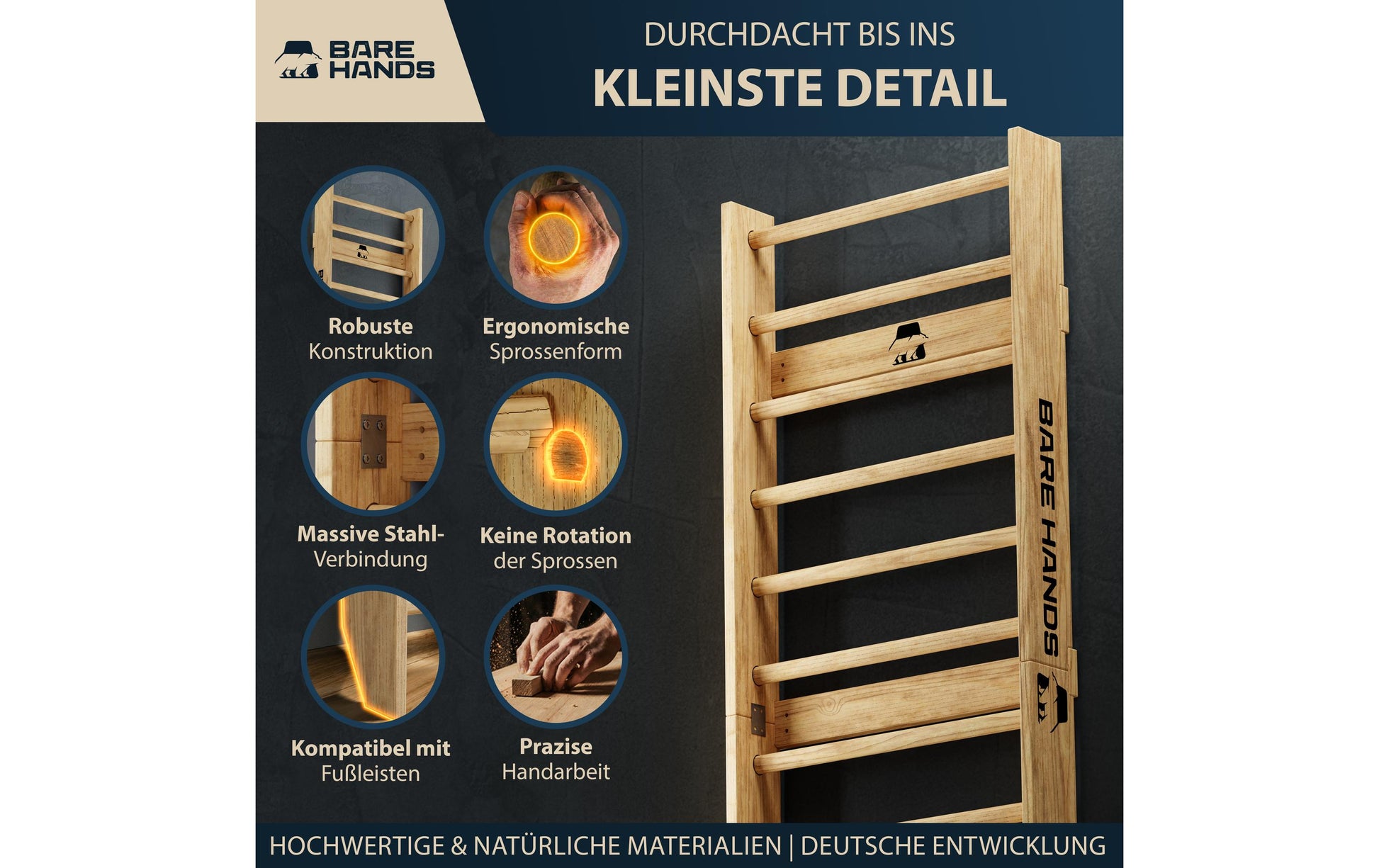 Bare Hands – Sprossenwand, 400 kg, ausziehbar – Braun – für Türrahmen 63–96 cm
