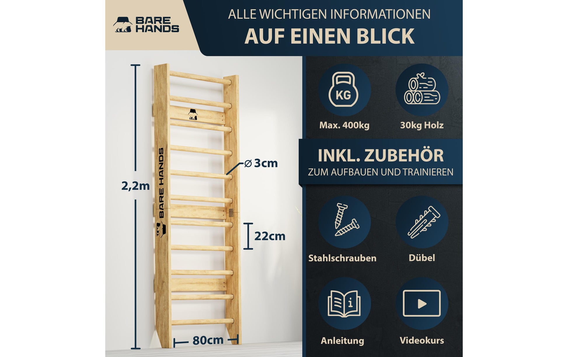 Bare Hands – Sprossenwand, 400 kg, ausziehbar – Braun – für Türrahmen 63–96 cm
