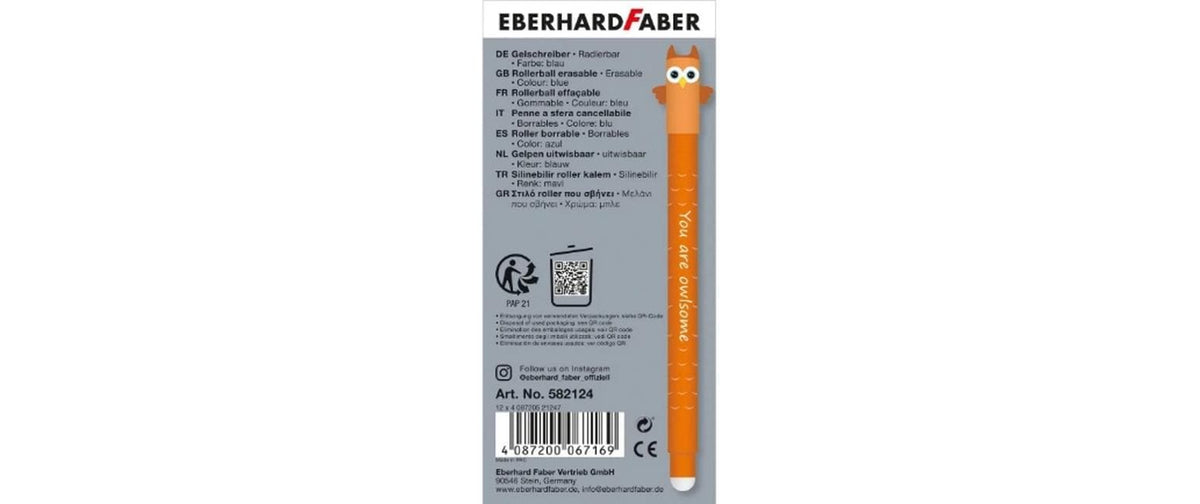 Eberhard Faber Animal Erase it Eule Gelschreiber, Kappe – Blau, Spitze 0,7 mm, radierbar, nachfüllbar