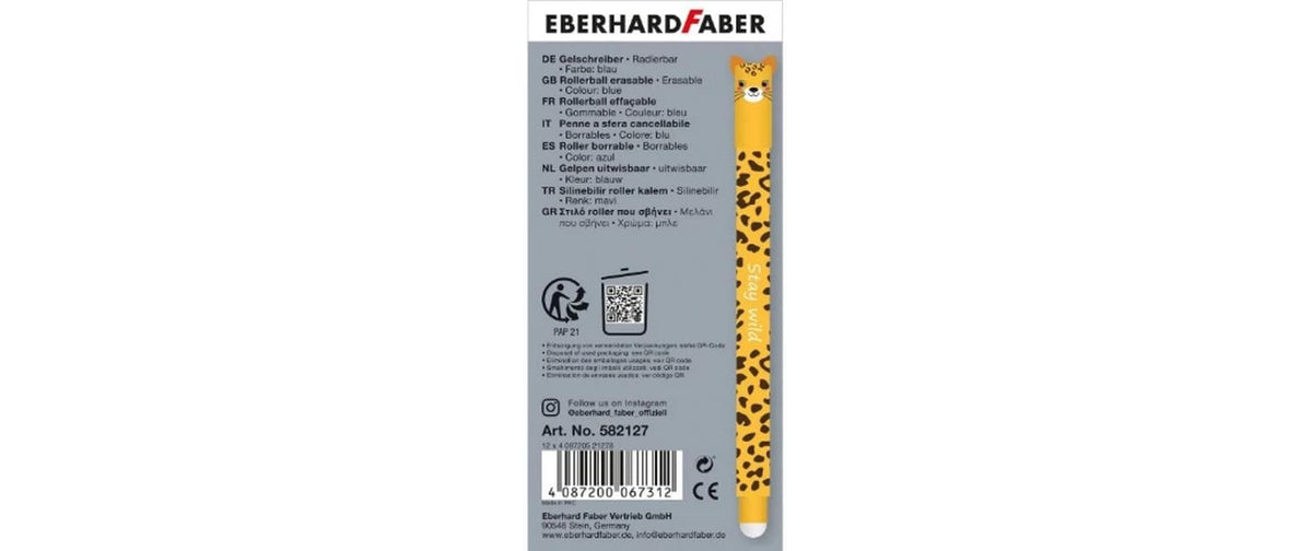 Eberhard Faber Animal Erase It Gelschreiber – Blau, Spitze 0,7 mm, radierbar, nachfüllbar, 1 Stück