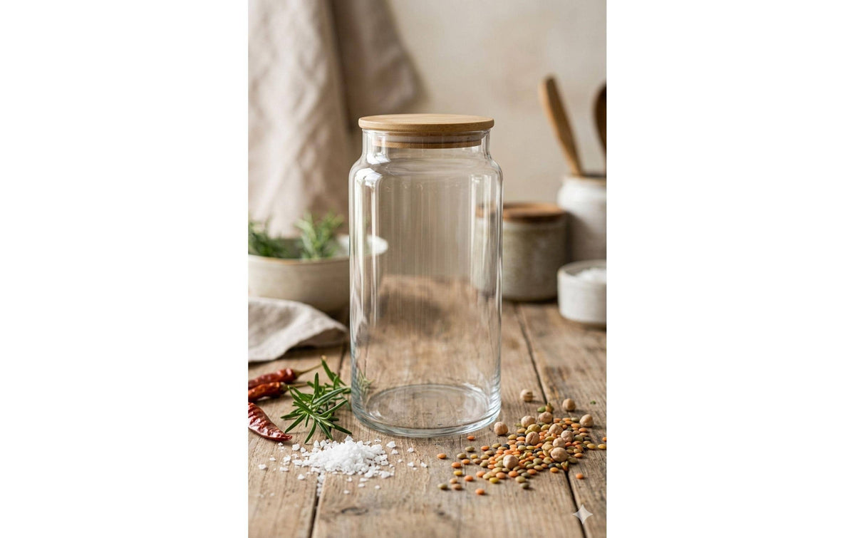 Hermia Vorratsdose 1,4 l, 8 × 8 × 21 cm, Glas/Bambus, 6 Stk., transparent