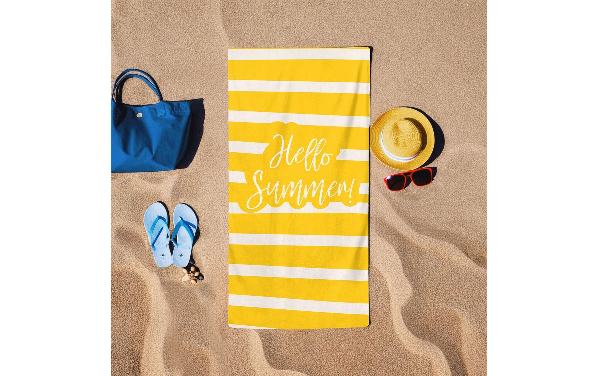 Foutastic Strandtuch Hello Summer – 75 × 150 cm, Gelb/Weiss, Baumwolle/Polyester