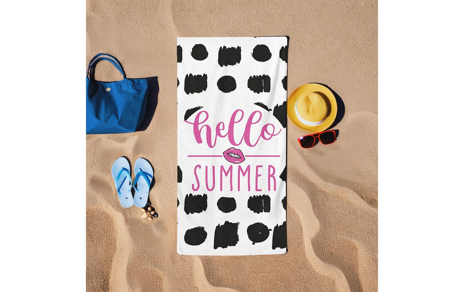 Foutastic Strandtuch Hello Summer – 75 × 150 cm, Rosa/Schwarz/Weiss, Baumwolle/Polyester