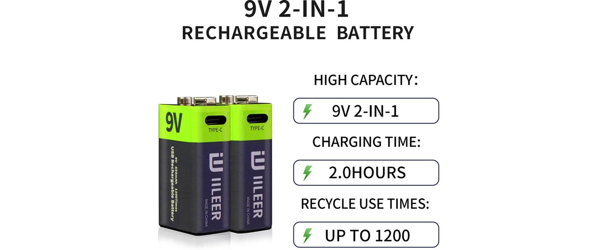 Iileer 9V Akkus, Li-Ion, 350 mAh – 2 Stk.