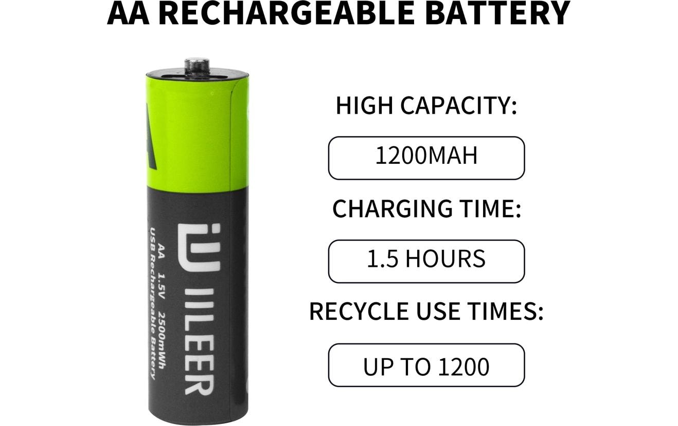 IILEER AA Akkus, Li-Ion, 1200 mAh, 1,5 V – 4 Stk.