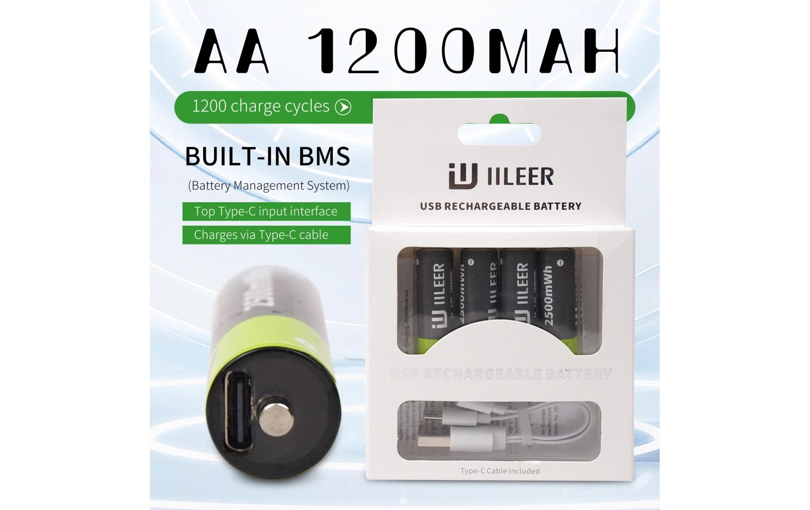 IILEER AA Akkus, Li-Ion, 1200 mAh, 1,5 V – 4 Stk.