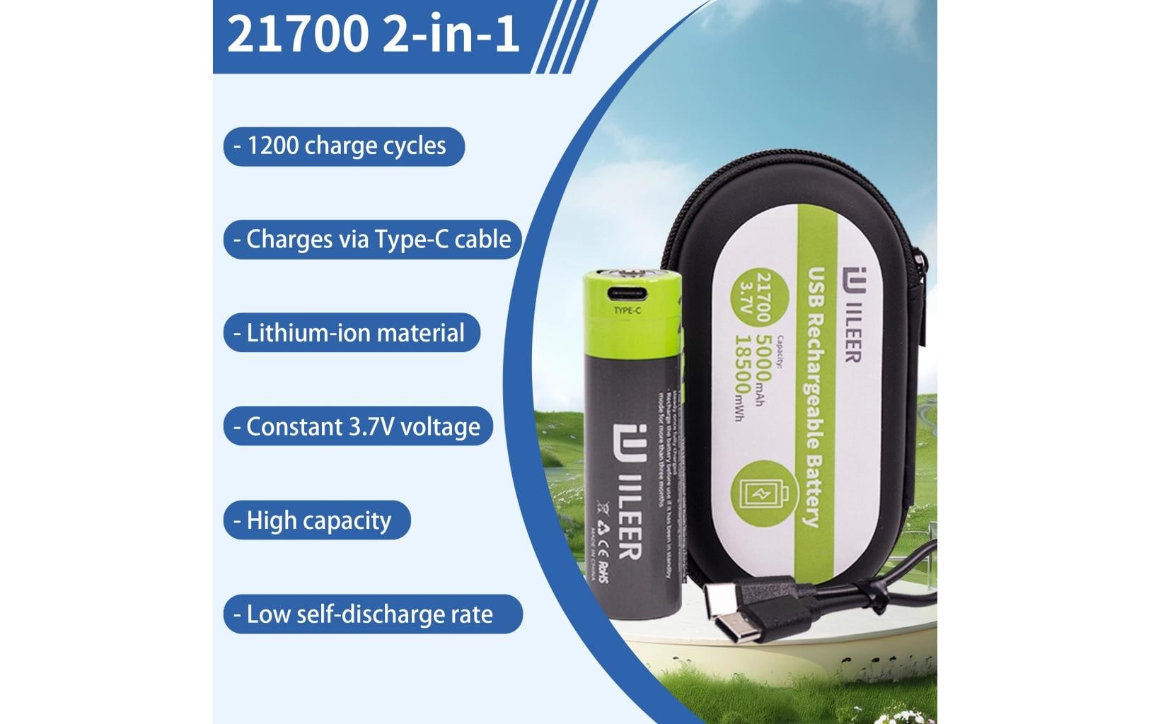Iileer 21700 Akkus – Li-Ion, 5000 mAh, 3,7 V – 2 Stk.