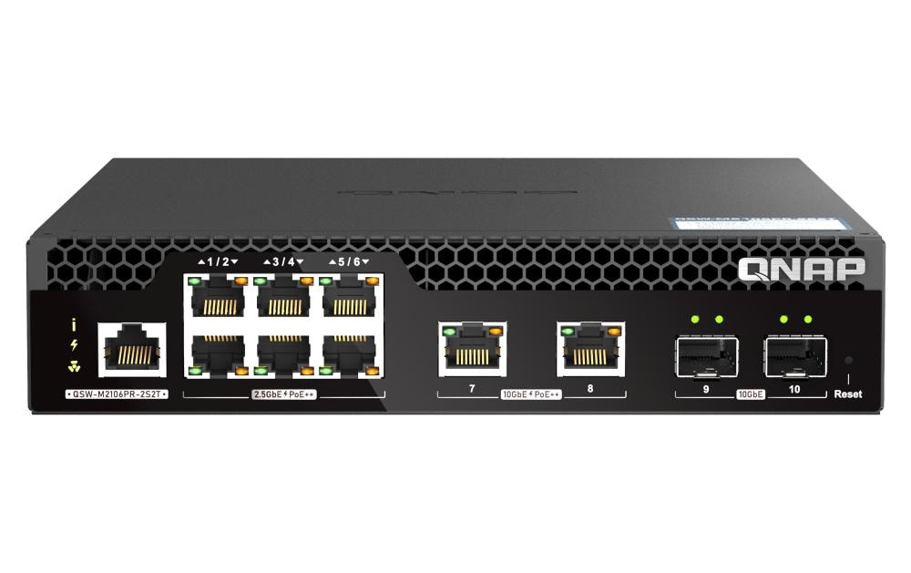 QNAP QSW-M2106PR-2S2T – Managed L2 Switch – 6× 2,5G + 2× 10G, 2× SFP+, PoE++, PoE-Budget 310 W, 19", 1U