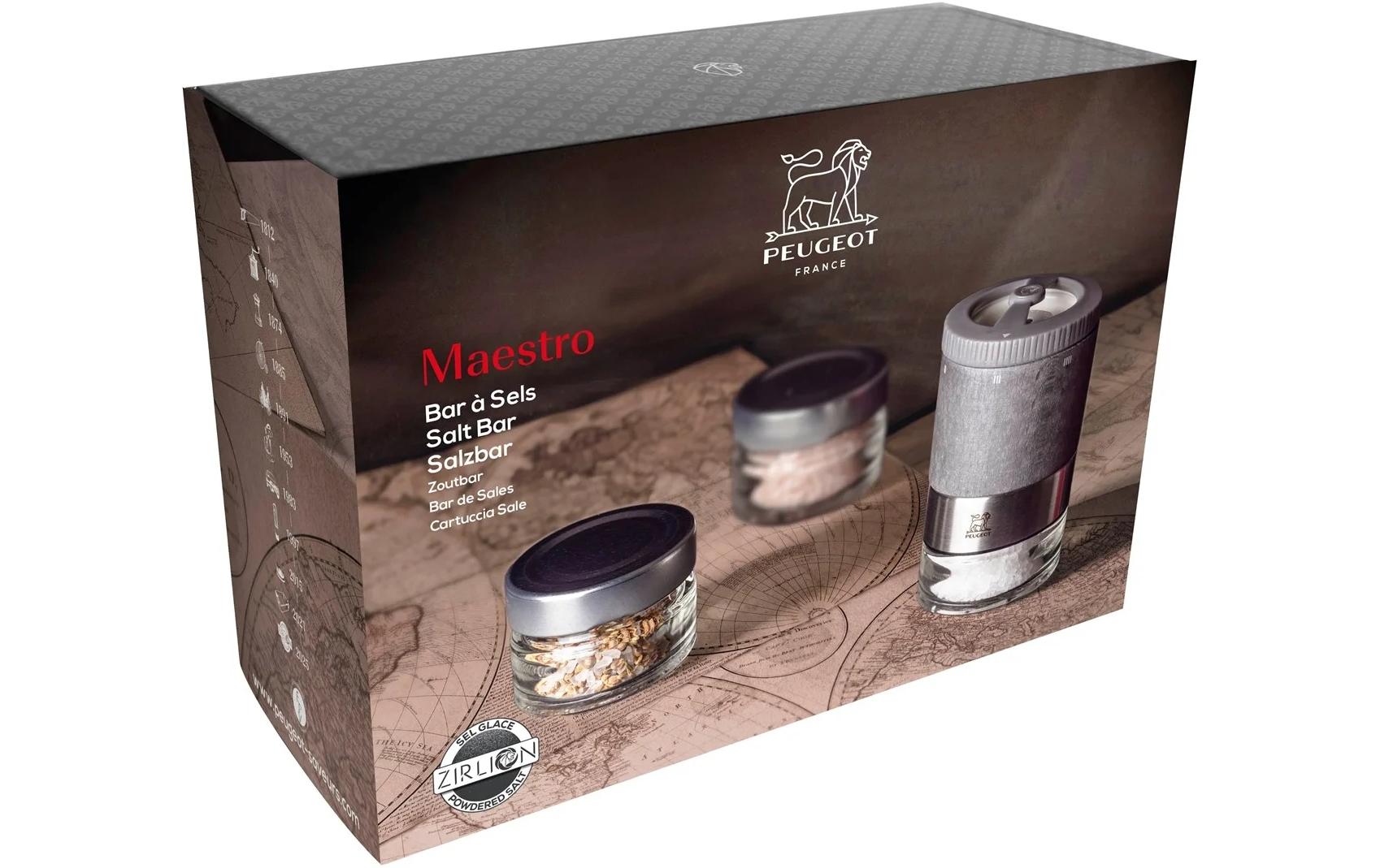 Peugeot Maestro Salt Bar – Salz-/Pfeffermühle 14 cm, Holz/Glas/Edelstahl, Graphit, 6-Stufen-Mahlwerk