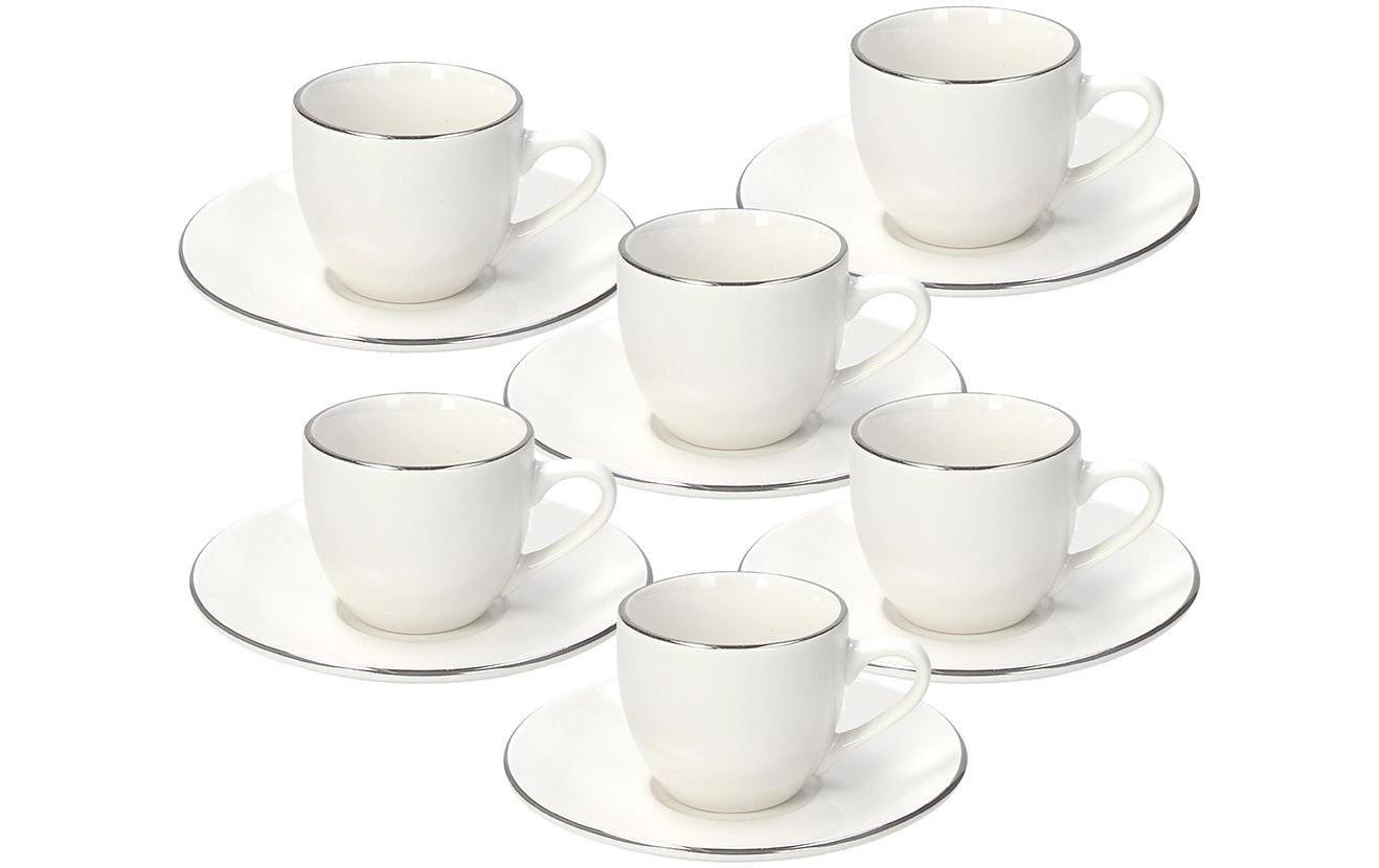 Tognana Porcellane Tognana Espressotassen-Set Fascetta Platino – 6-teiliges Set, 90 ml, Porzellan, Weiss/Gold, mit Unterteller