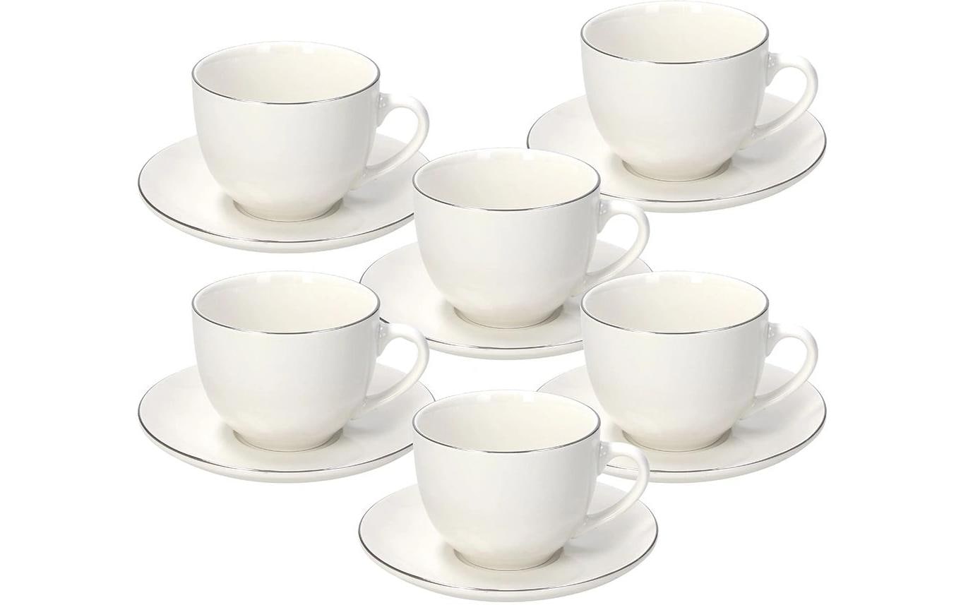 Tognana Porcellane Tognana Kaffeetassen-Set Fascetta Platino – 6-teiliges Set, 260 ml, Porzellan, Silber/Weiss, mit Unterteller
