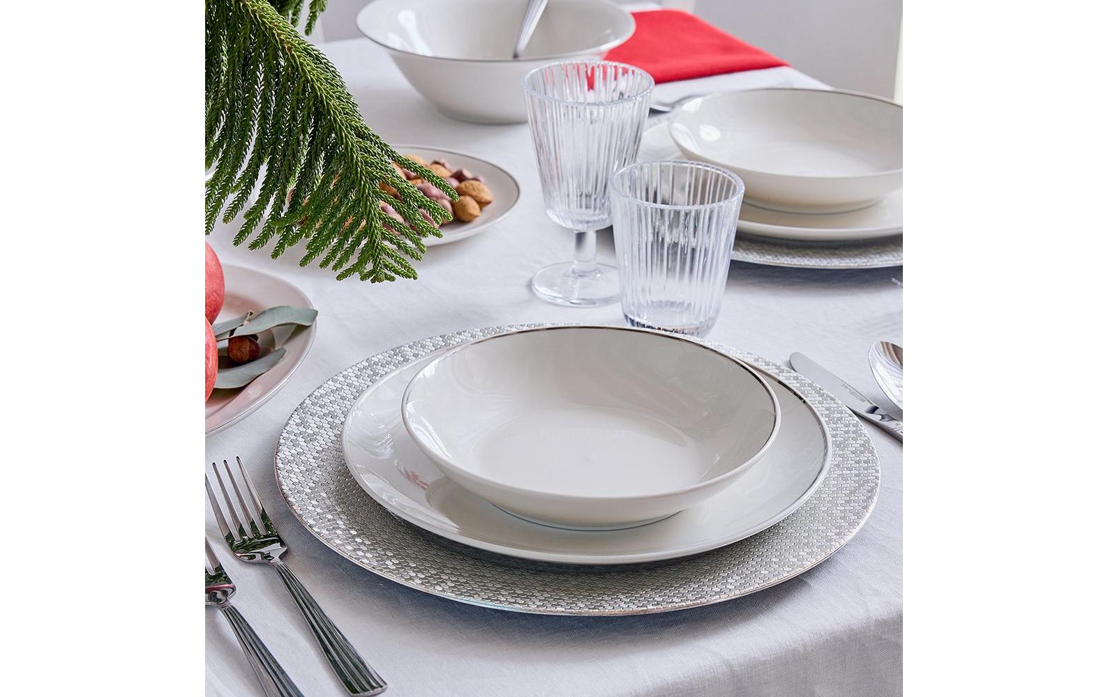 Tognana Porcellane Geschirrset Fascetta Platino – 18-teiliges Set, Ø 27 cm, Porzellan, Weiss/Platin