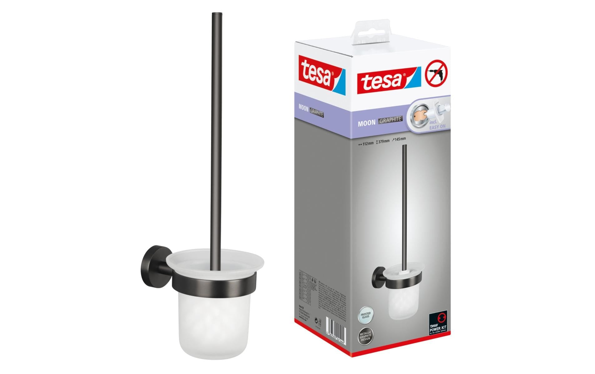 TESA Moon Graphite – WC-Bürstenset – Glas, Metall, Grau, wandmontiert, H 30 cm, Ø 12 cm