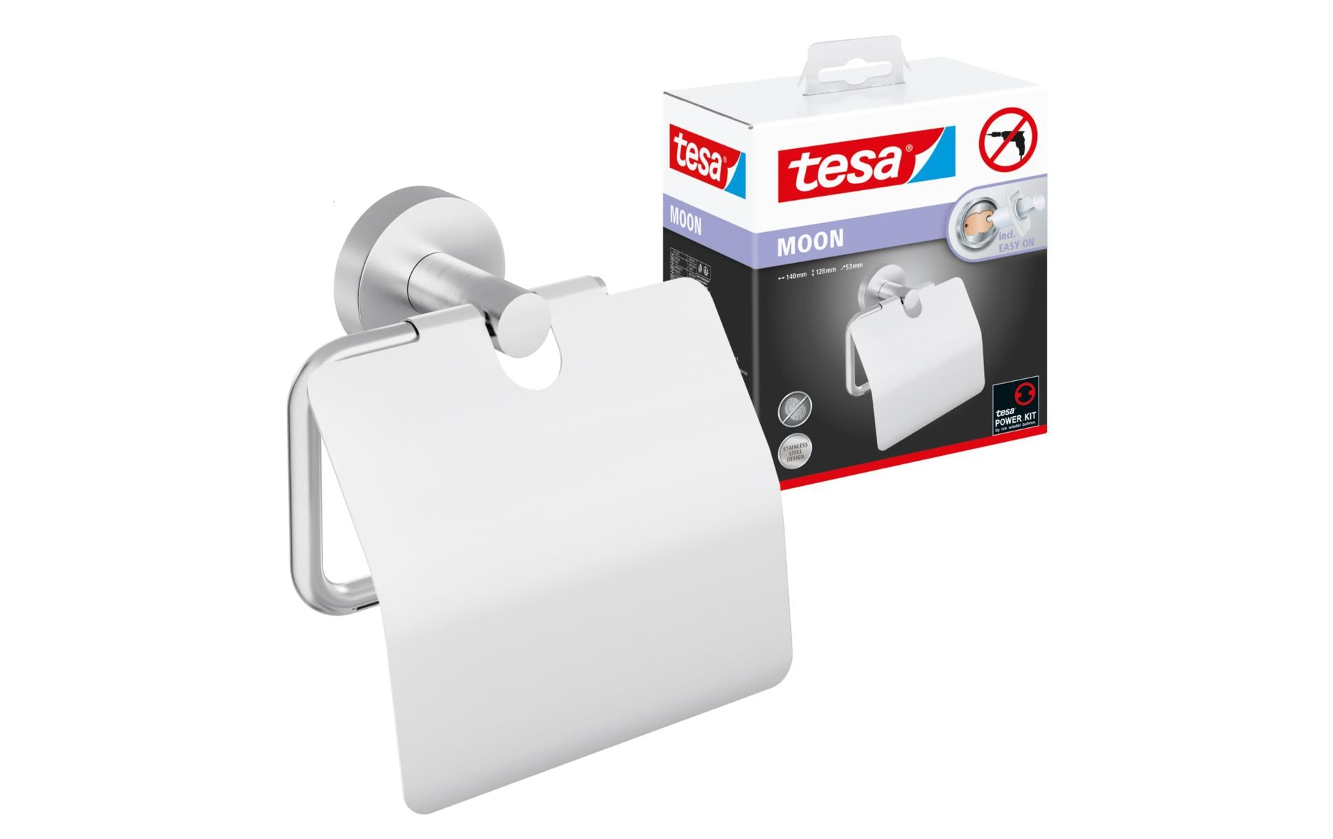 TESA MOON – Toilettenpapierhalter – Edelstahl, klebend, wandmontiert, 13,5 × 8,5 × 15,5 cm
