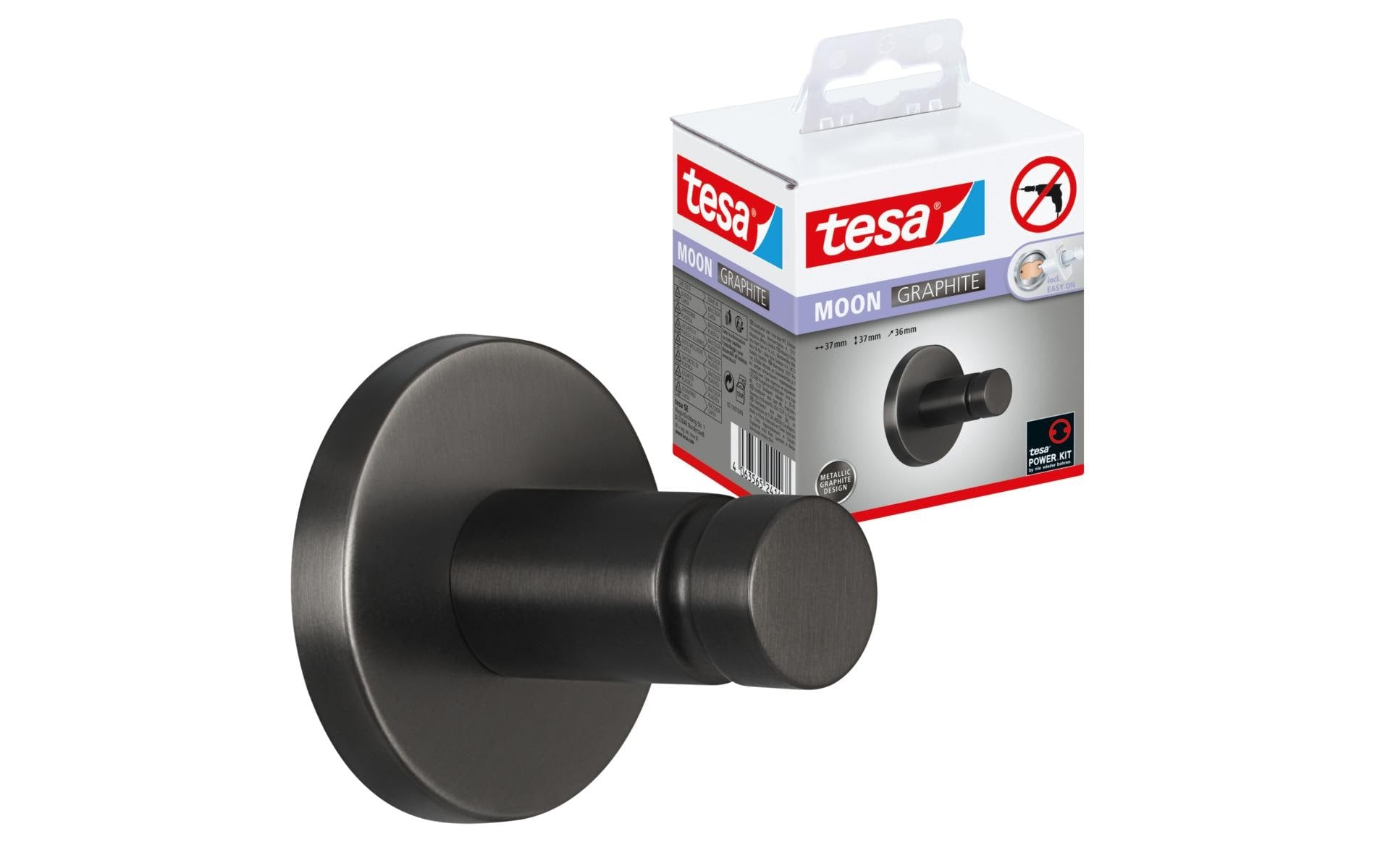 TESA Klebehaken MOON – Metall, 5 kg, Klebestreifen, 8×6,5×8,5 cm, Graphit
