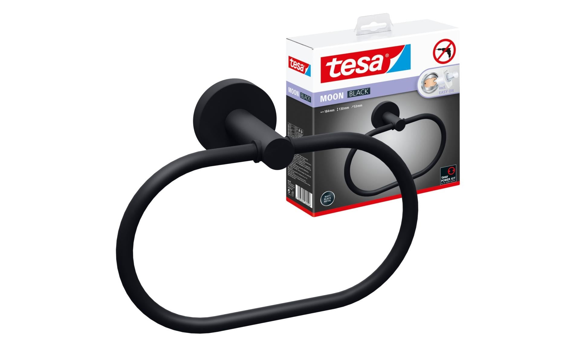 TESA Handtuchhalter MOON BLACK – 19,5×6,5×20,5 cm, Metall, 6 kg, Klebestreifen, Schwarz