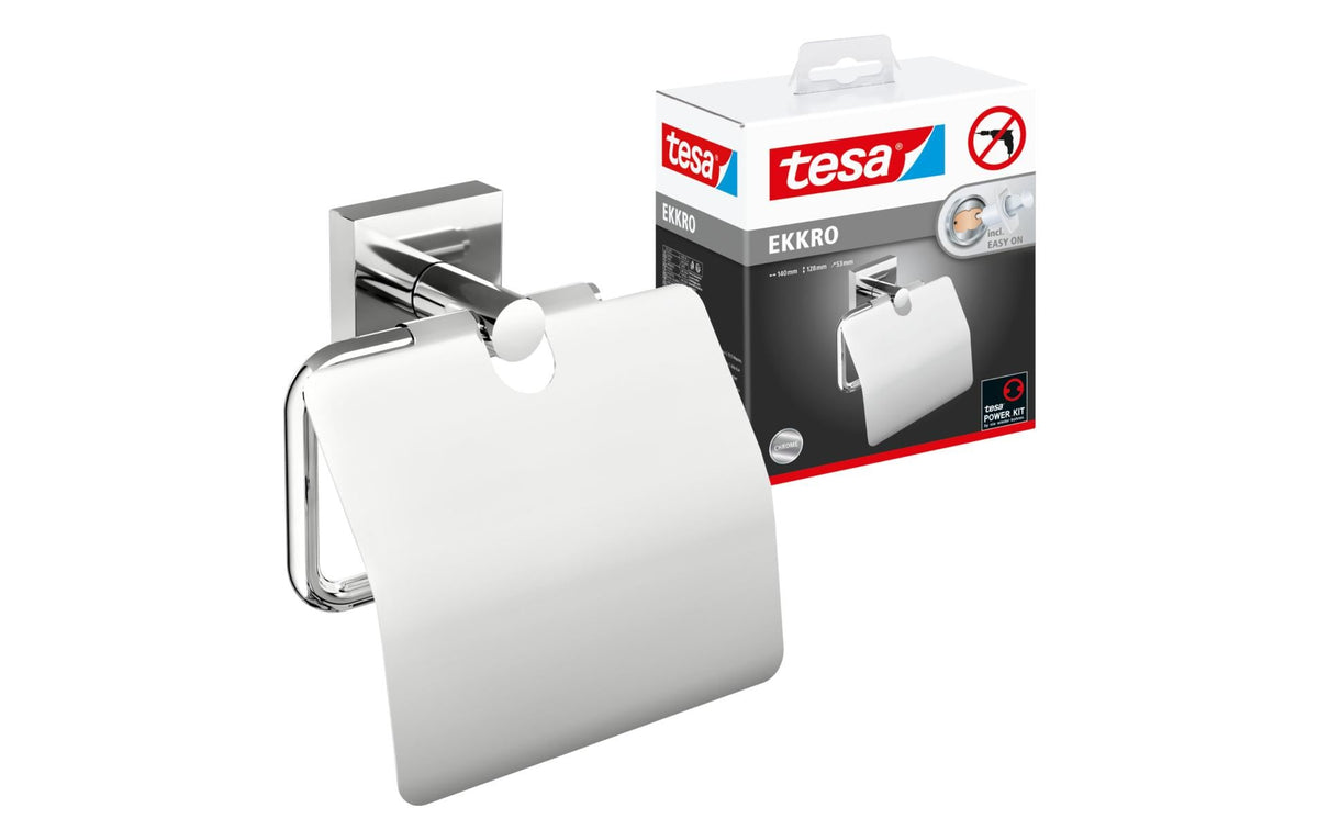 TESA EKKRO – Toilettenpapierhalter – Metall chrom, klebend, wandmontiert, 13,5 × 8,5 × 15,5 cm