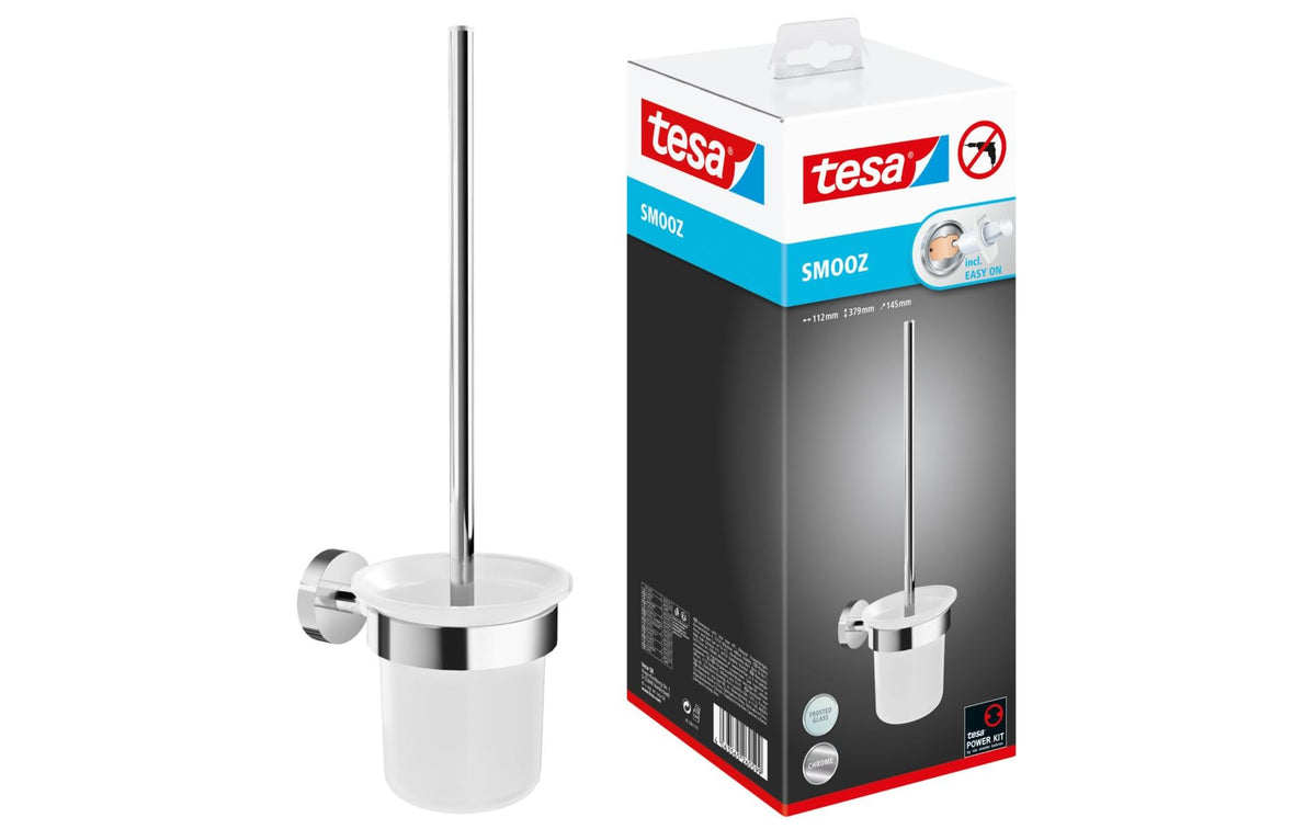 TESA Smooz – WC-Bürstenset – Edelstahl chrom, satiniertes Glas, wandmontiert, klebend, H 39,5 cm