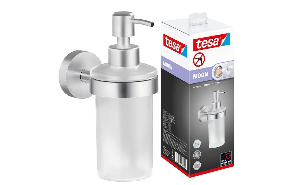 Tesa Moon Manueller Seifenspender – Wandmontage – 200 ml, silber, Glas, Edelstahl