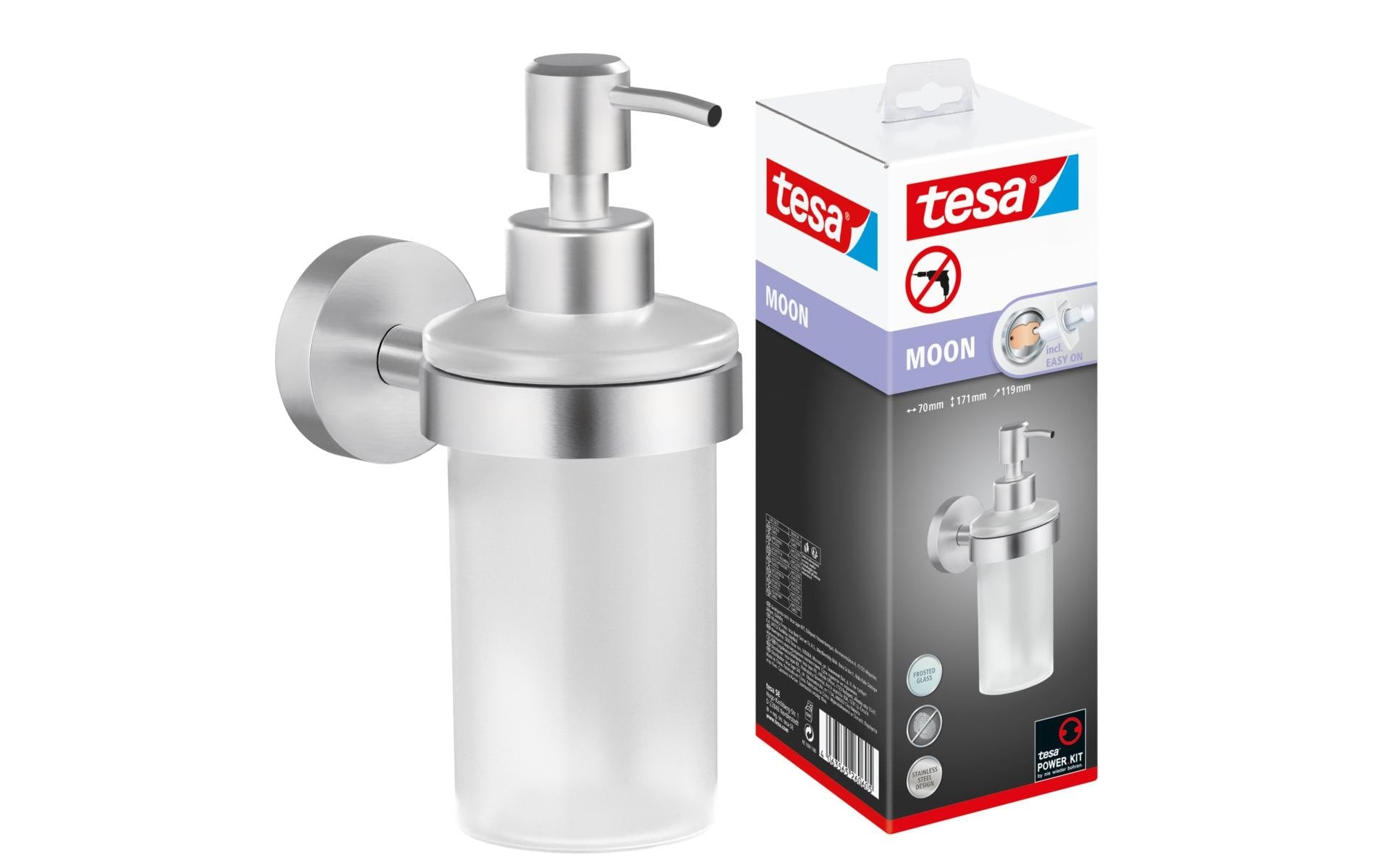 Tesa Moon Manueller Seifenspender – Wandmontage – 200 ml, silber, Glas, Edelstahl