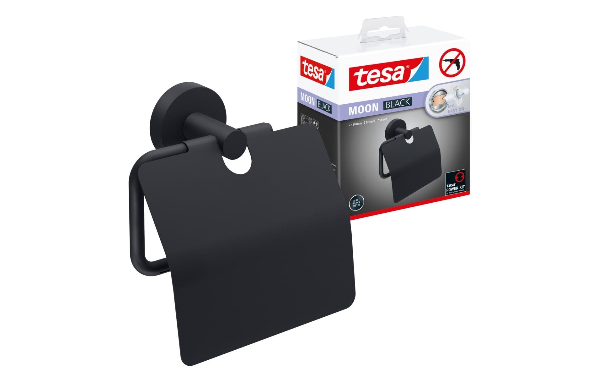TESA Moon Black – Toilettenpapierhalter – Stahl pulverbeschichtet, schwarz, 13,5 × 8,5 × 15,5 cm