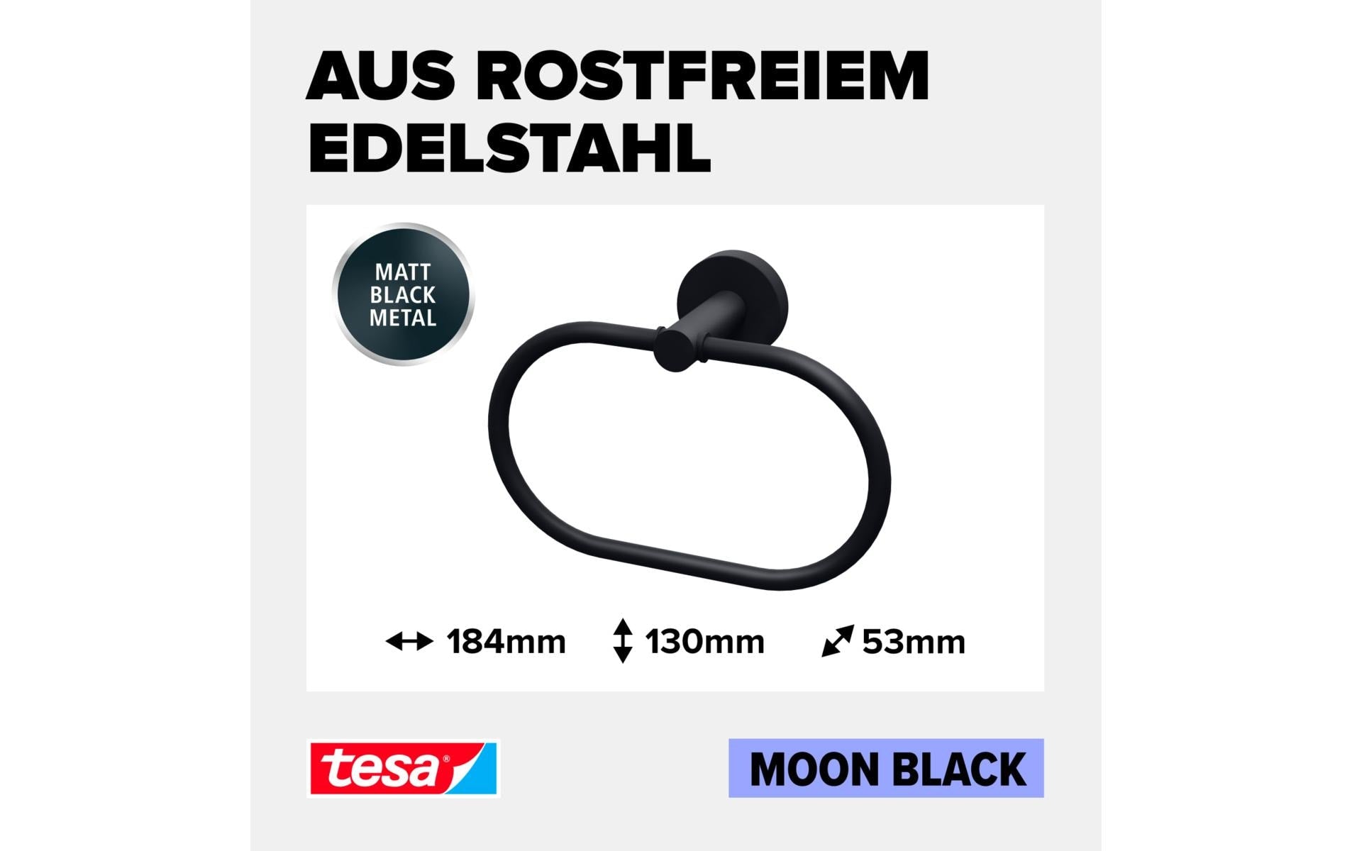 TESA Handtuchhalter MOON BLACK – 19,5×6,5×20,5 cm, Metall, 6 kg, Klebestreifen, Schwarz