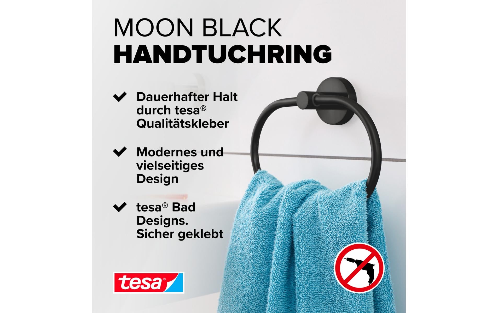 TESA Handtuchhalter MOON BLACK – 19,5×6,5×20,5 cm, Metall, 6 kg, Klebestreifen, Schwarz