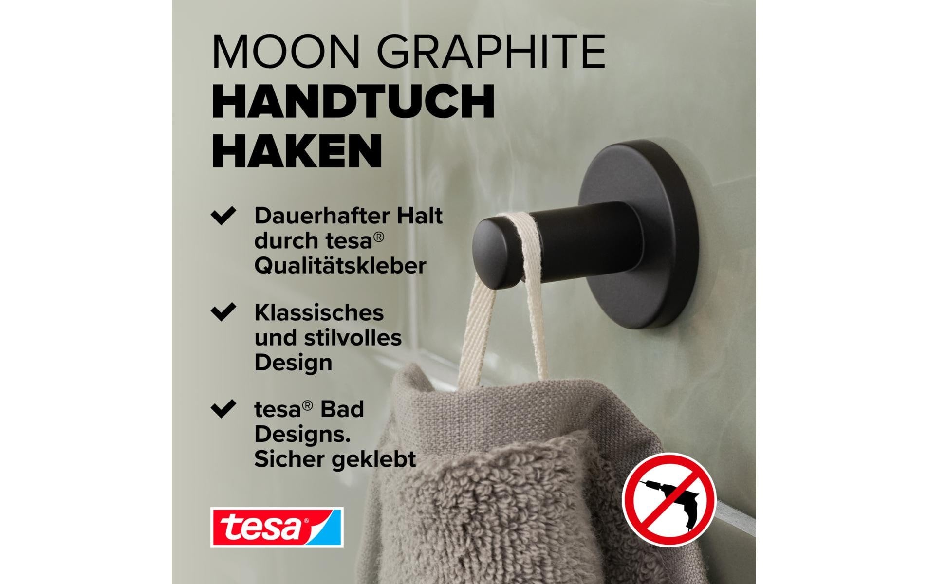TESA Klebehaken MOON – Metall, 5 kg, Klebestreifen, 8×6,5×8,5 cm, Graphit