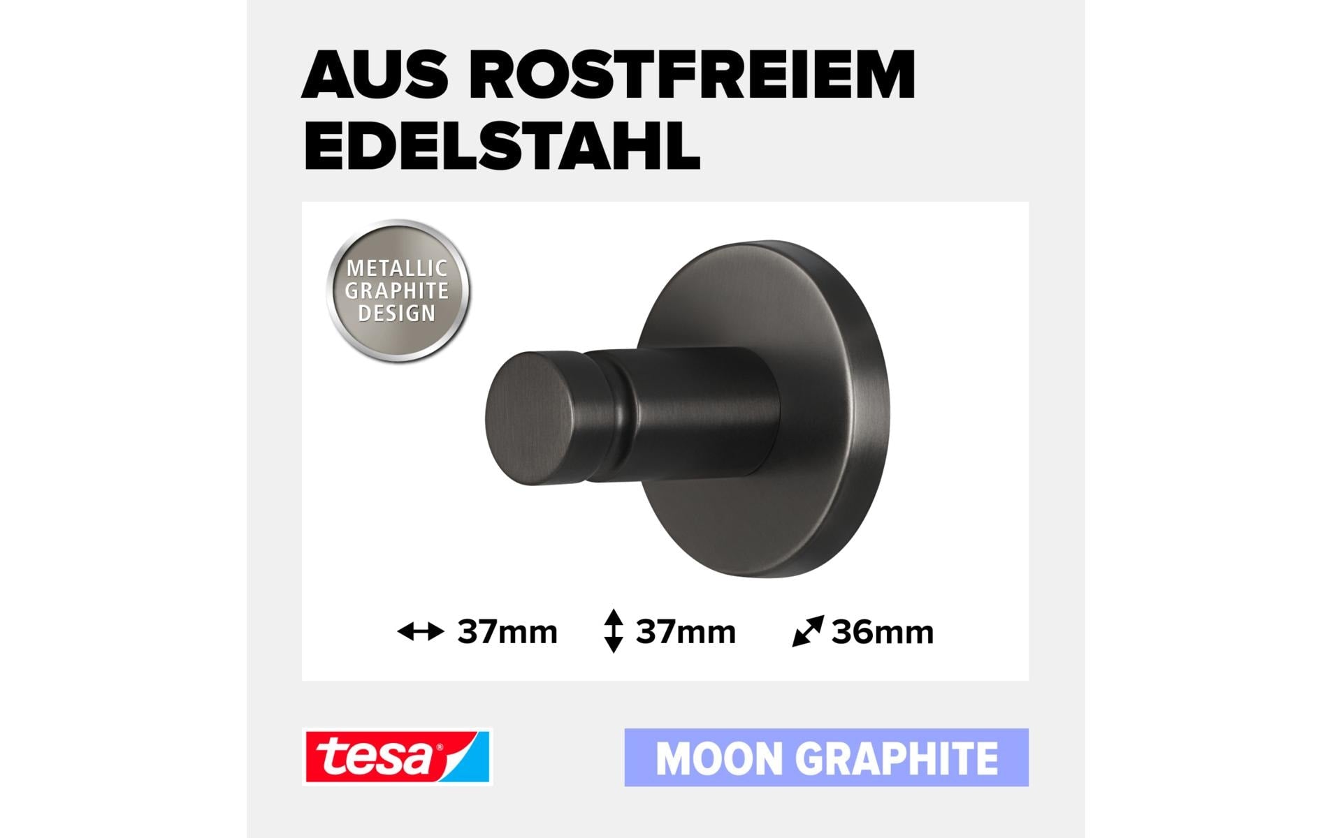 TESA Klebehaken MOON – Metall, 5 kg, Klebestreifen, 8×6,5×8,5 cm, Graphit